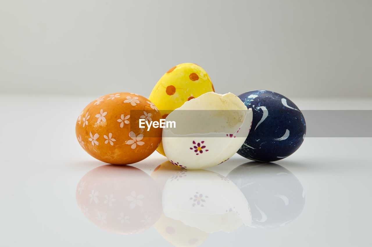 Close-up of easter eggs on white background