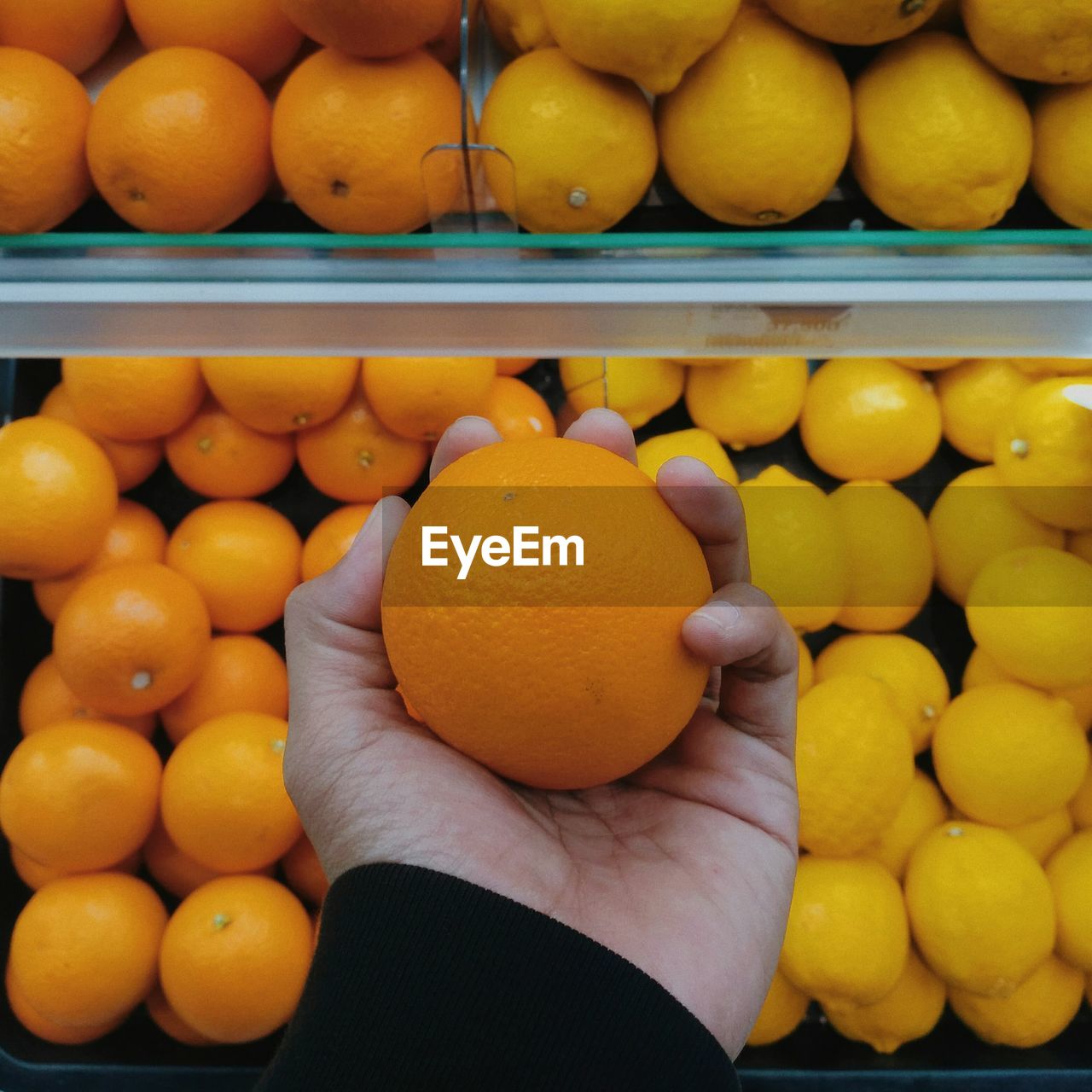 HIGH ANGLE VIEW OF ORANGES IN MARKET