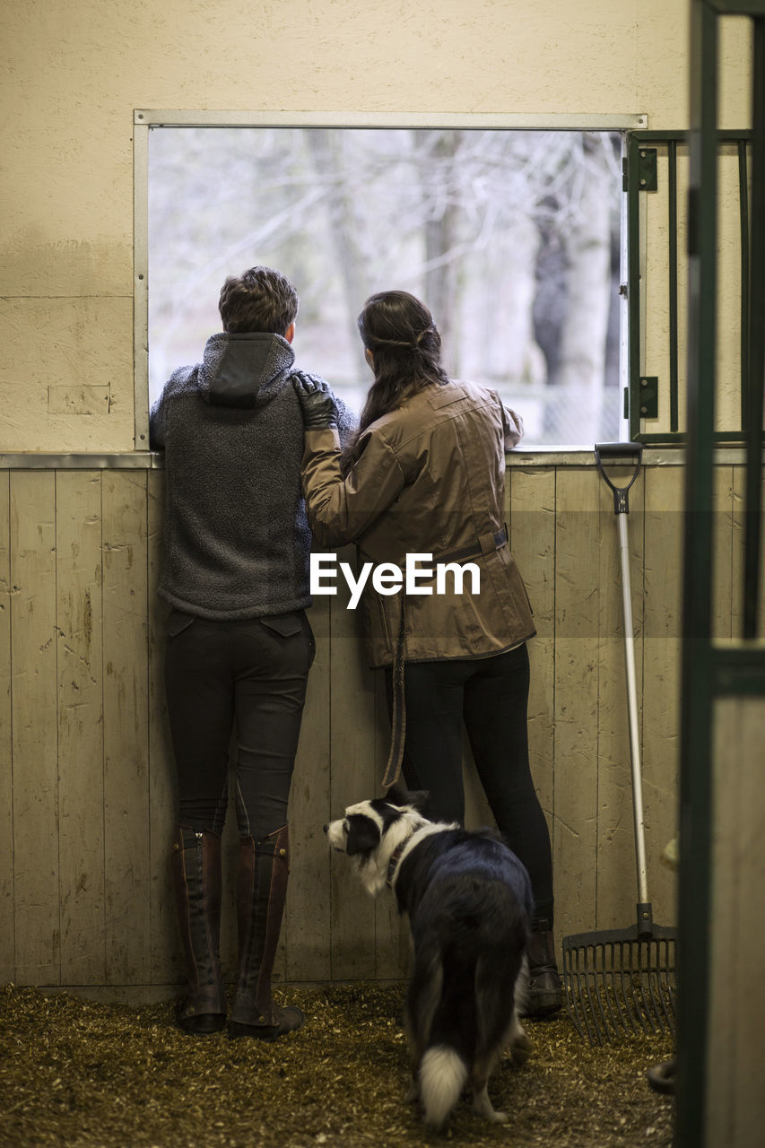 Full length rear view of young couple looking through window of horse stable