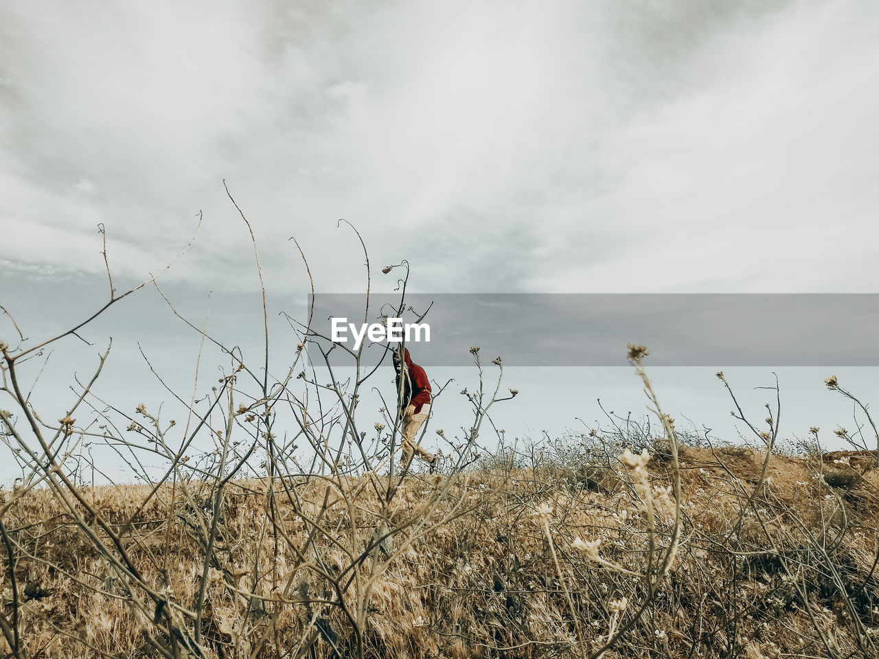 Low angle view of man walking on grassy land against cloudy sky