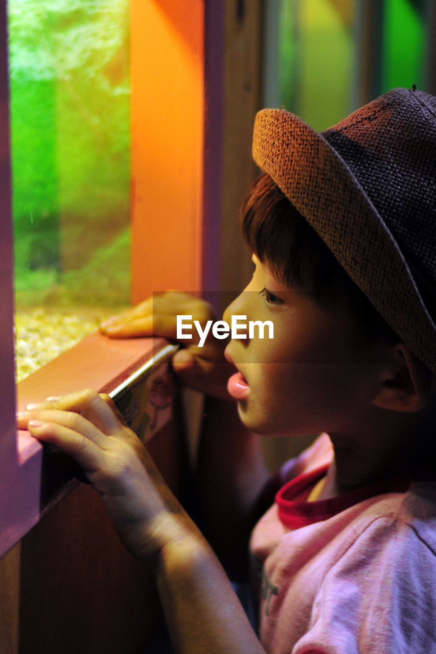 Close-up of cute girl looking through window at home