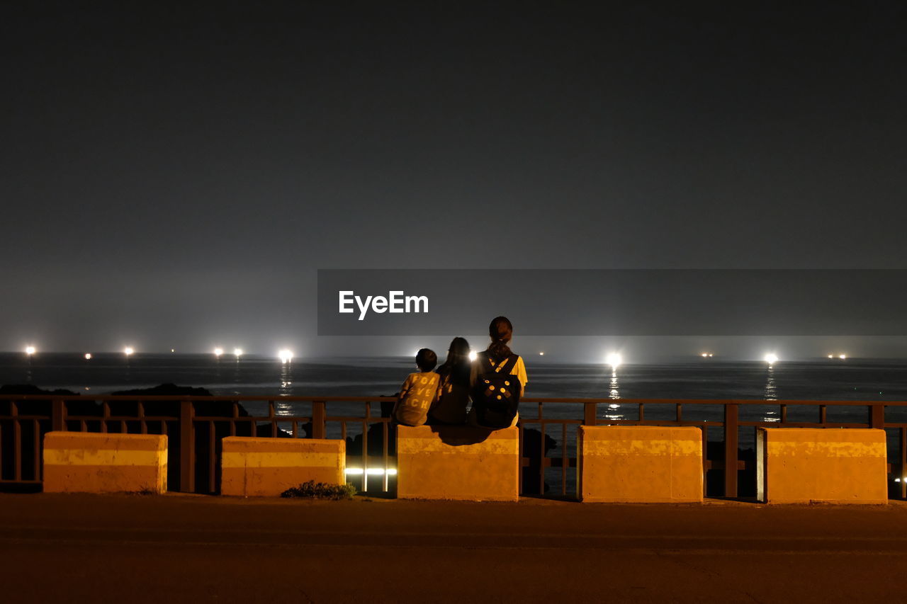 Rear view of family sitting on seat against sea at night