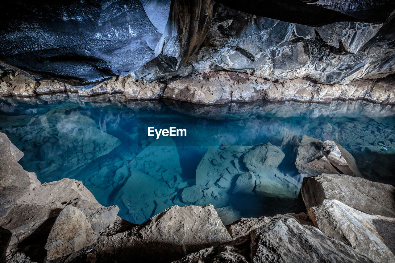 High angle view of stream in cave