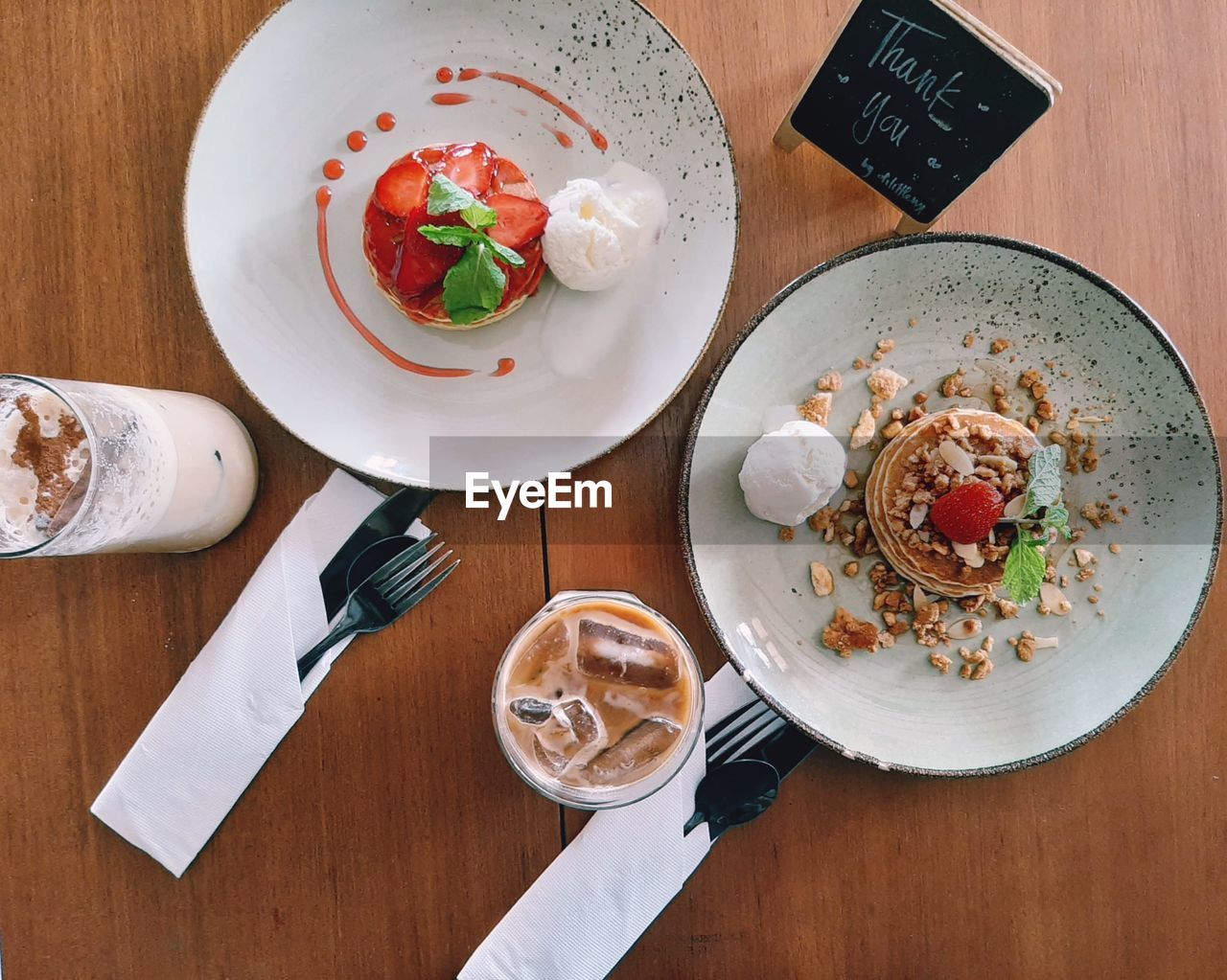 High angle view of food served on table