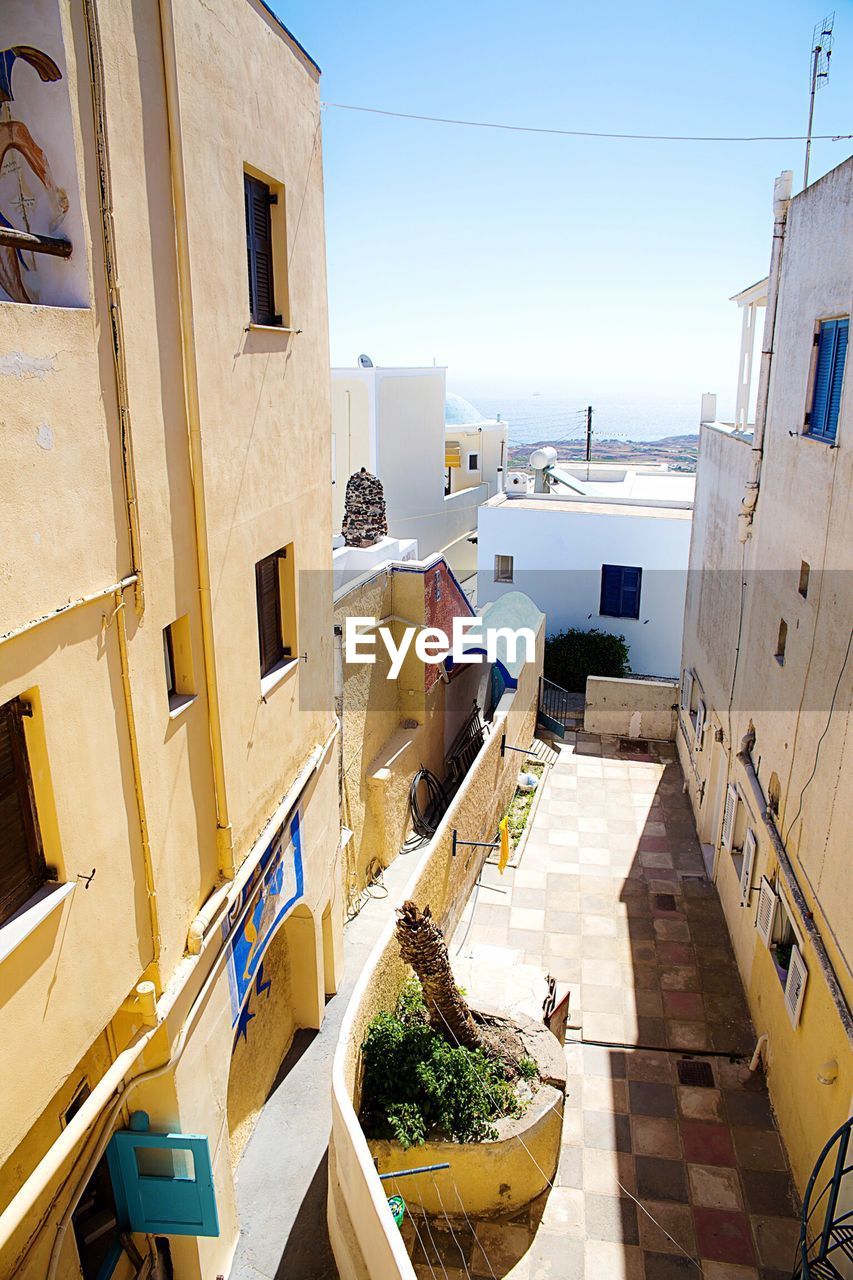 High angle view of houses against clear sky