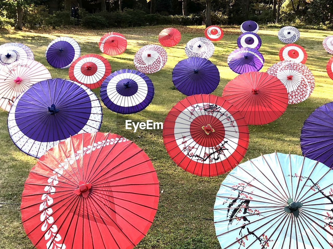 High angle view of multi colored japanese umbrellas