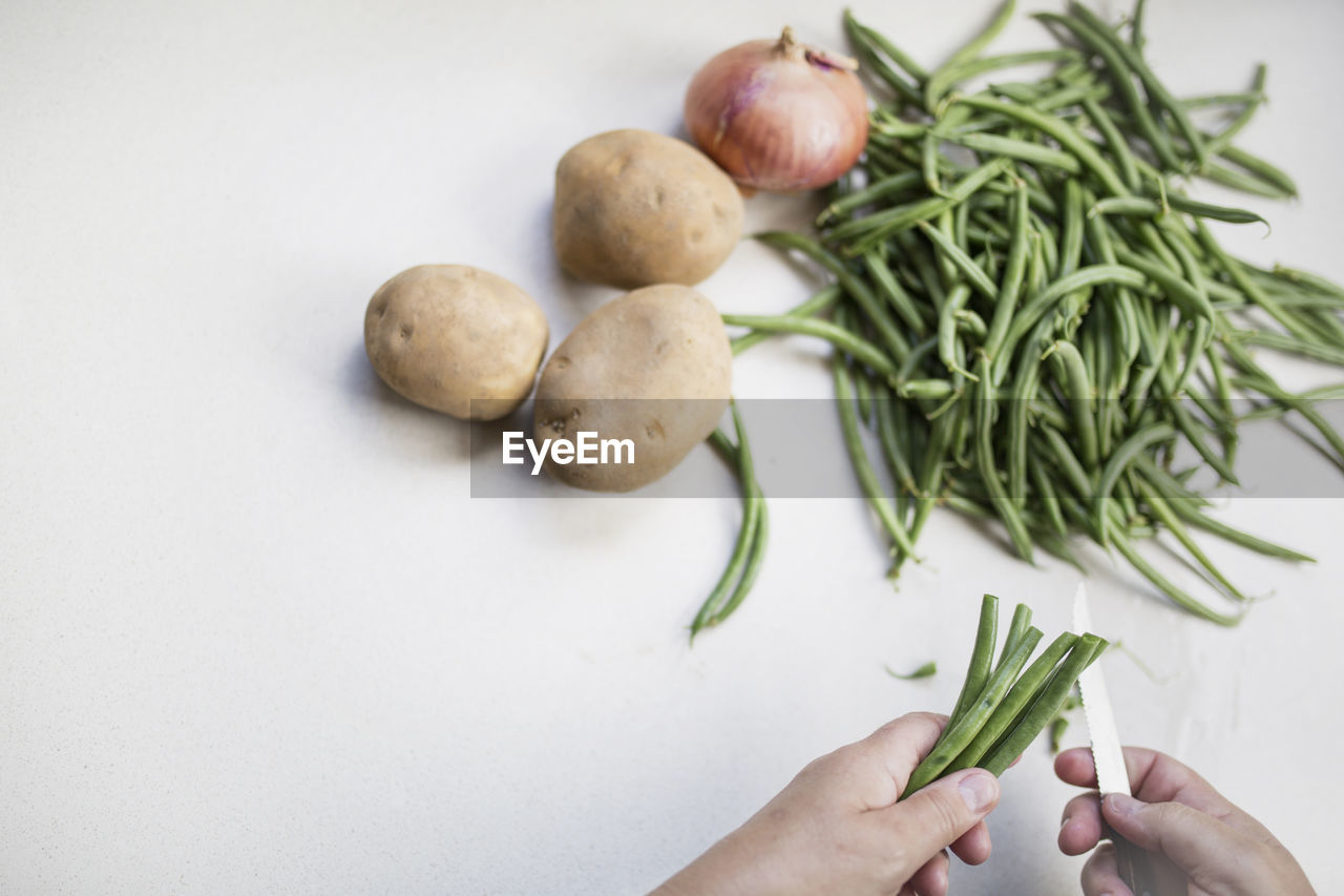 Cropped image of person preparing food against white background