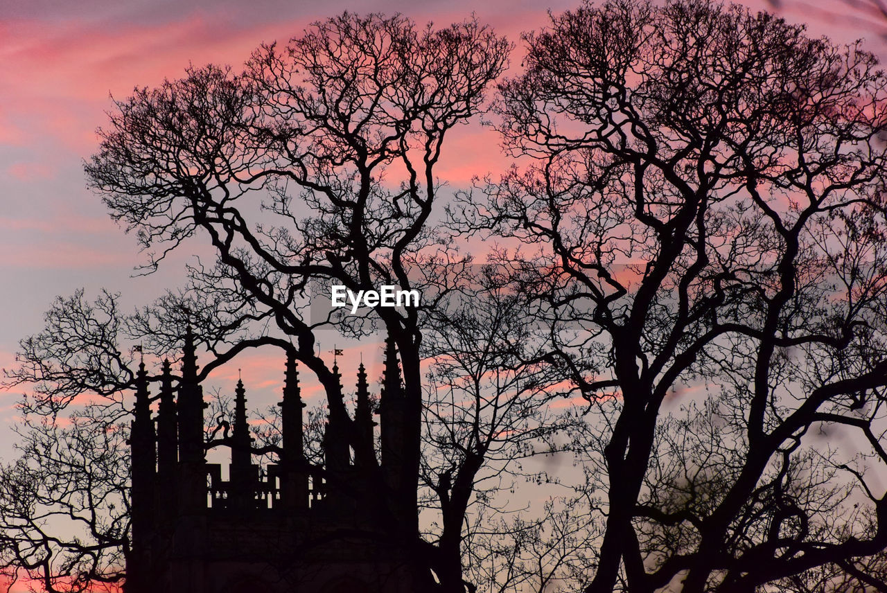 Silhouette bare trees by merton college against sky during sunset