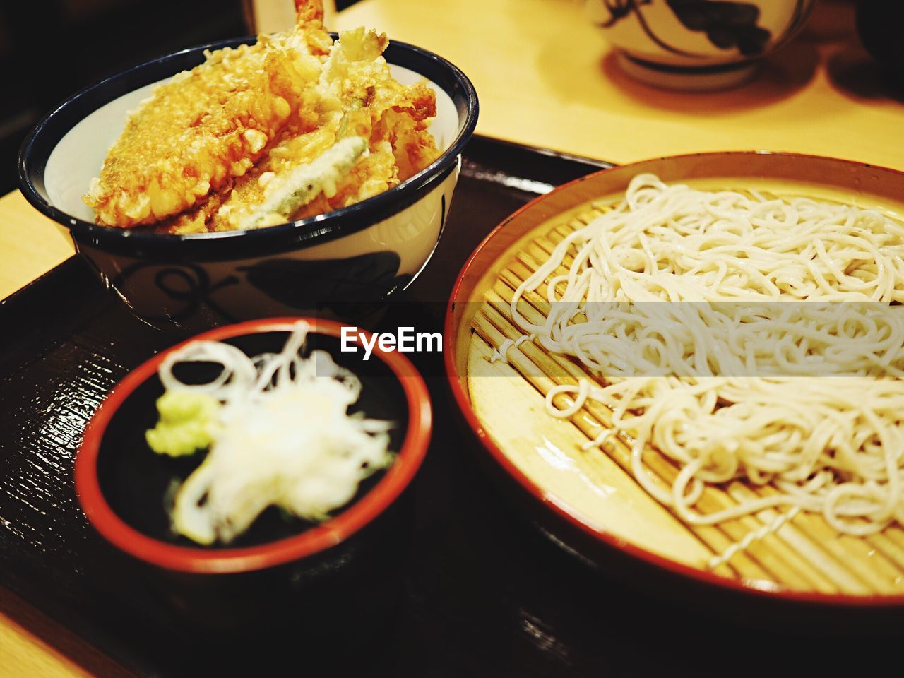 Close-up of japanese food in serving tray on table