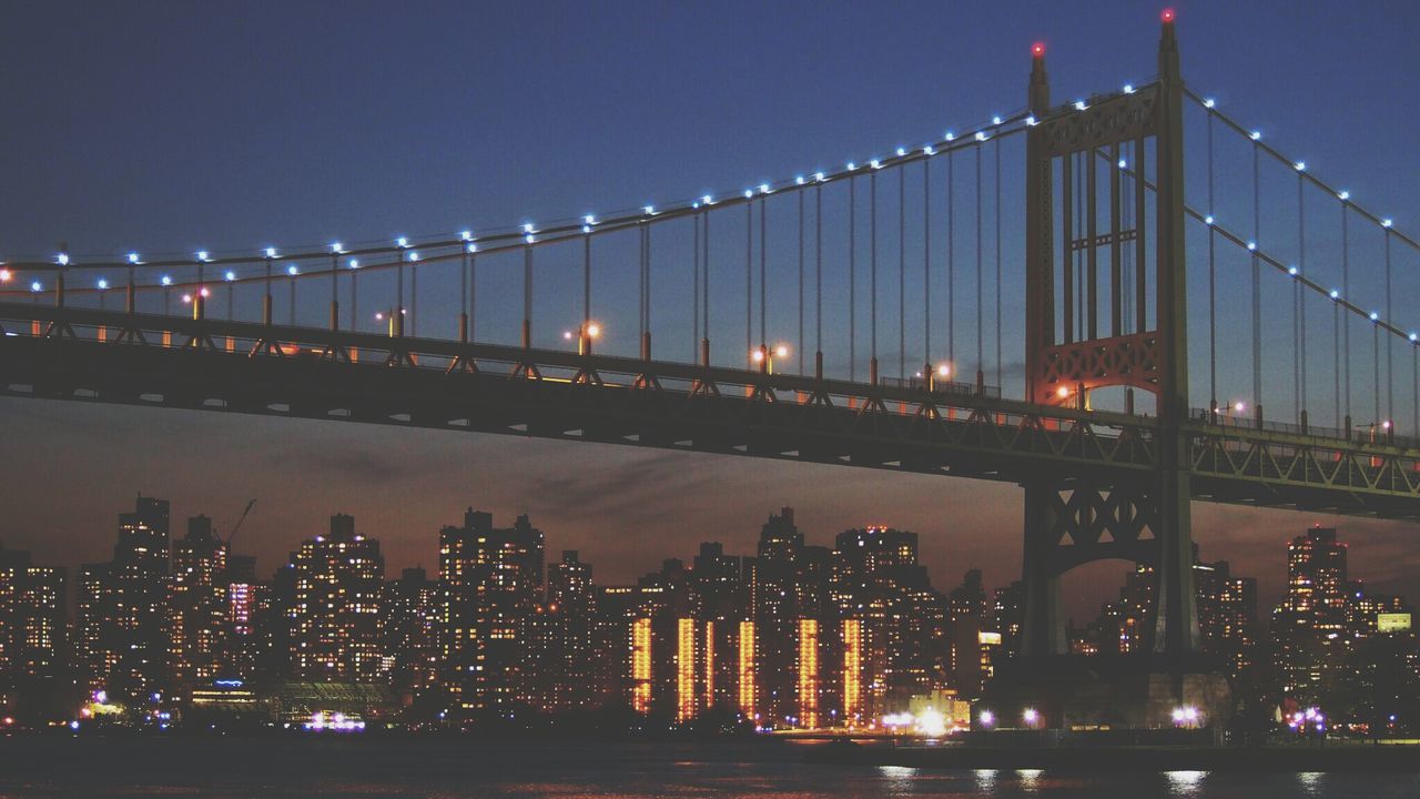 Suspension bridge illuminated at night