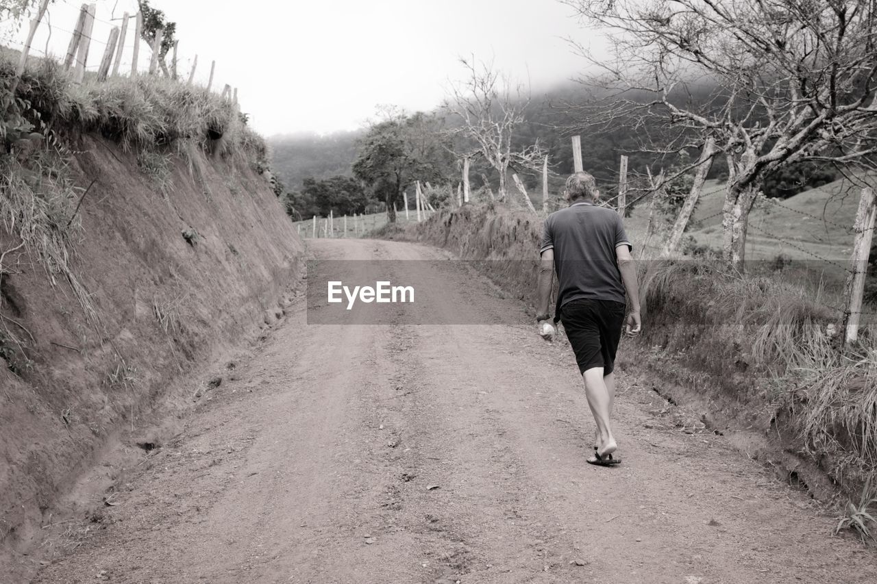 REAR VIEW OF MAN WALKING ON DIRT ROAD ALONG TREES