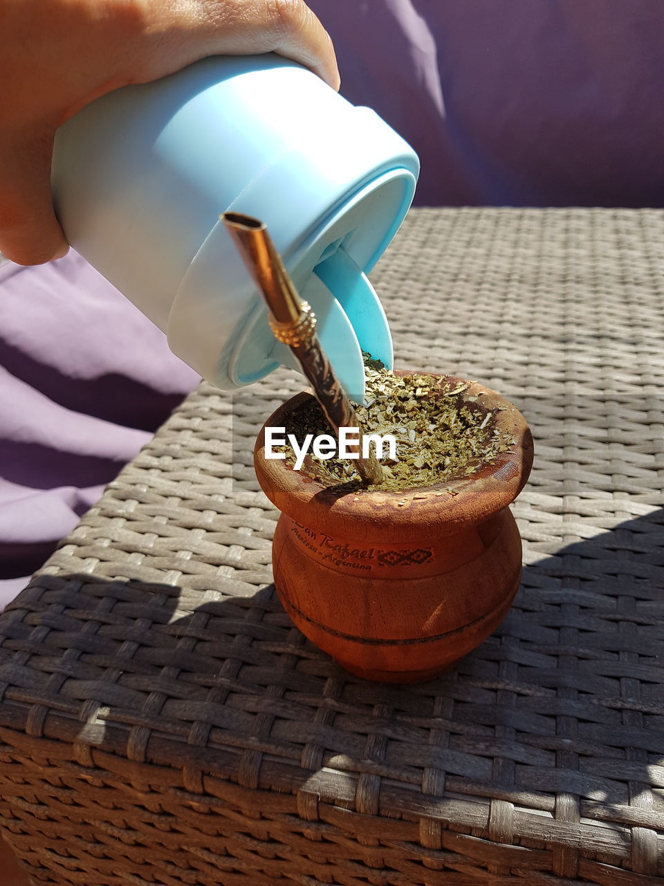 CLOSE-UP OF HAND HOLDING POTTED PLANT