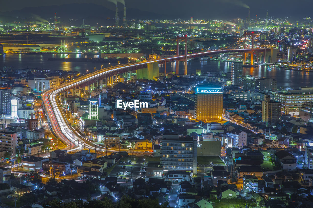 High angle view of illuminated kitakyushu during night