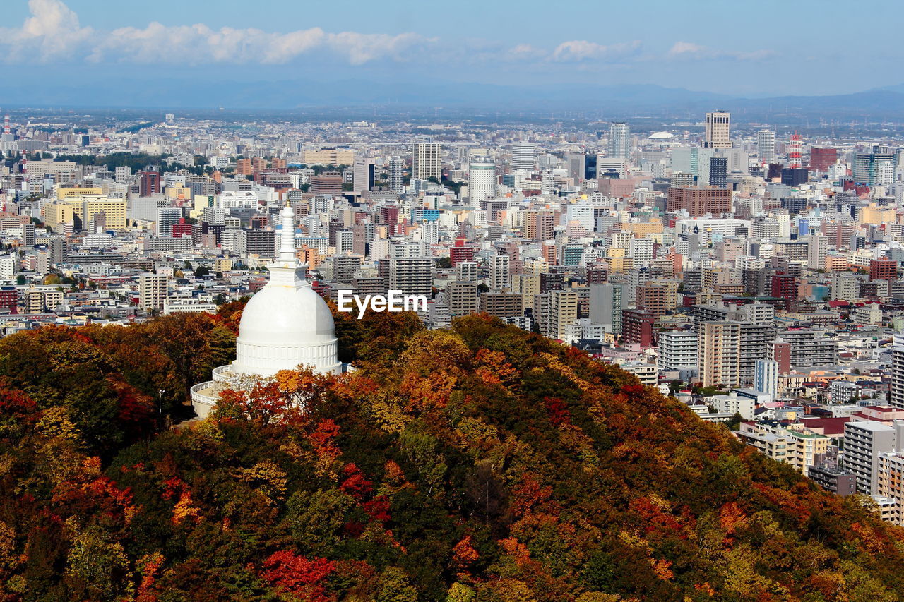 High angle view of buildings in city