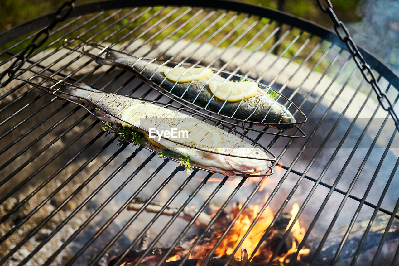 high angle view of fish on barbecue grill