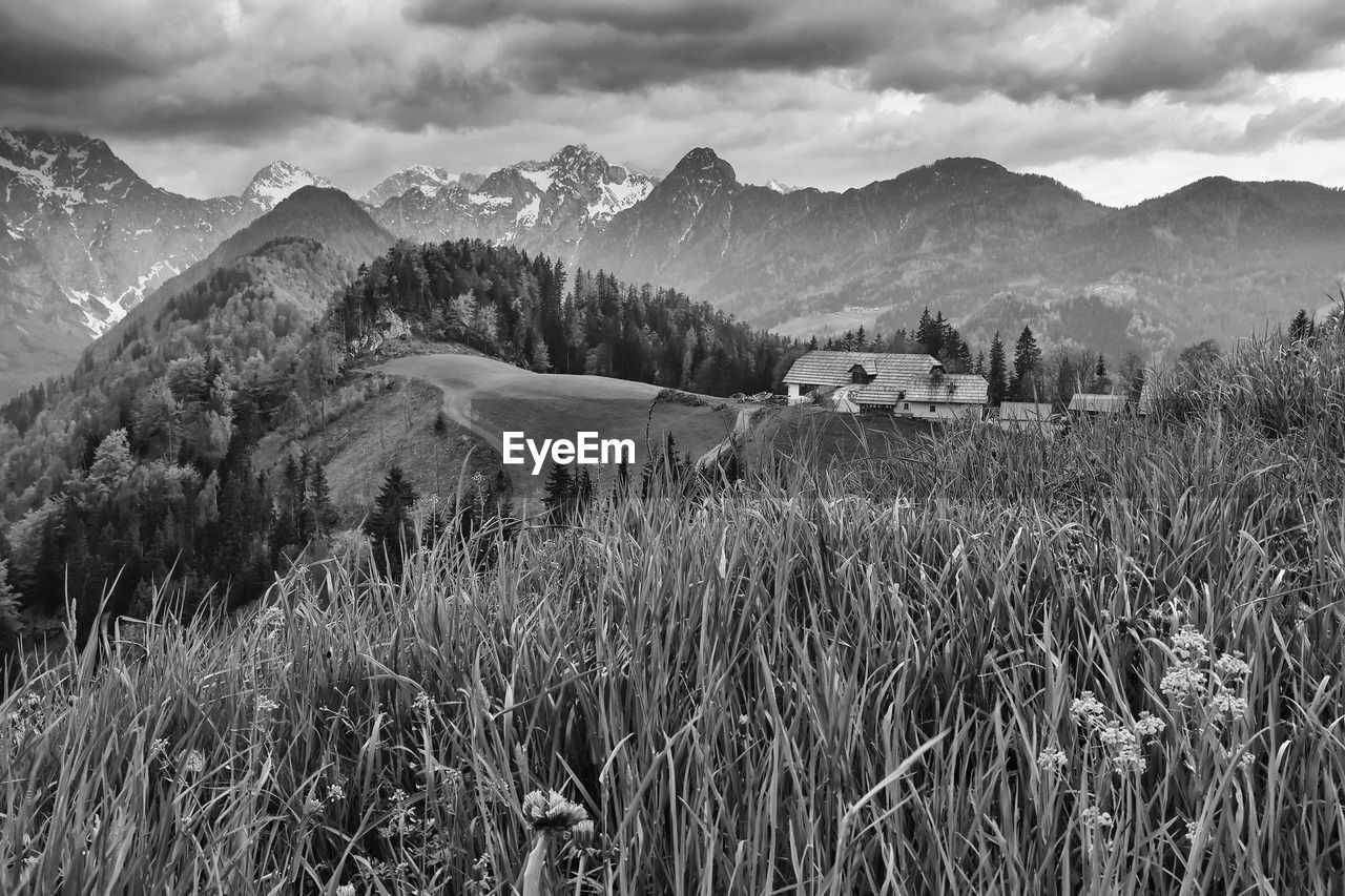 landscape, mountain, environment, plant, scenics - nature, nature, land, sky, black and white, cloud, beauty in nature, monochrome photography, monochrome, mountain range, field, grass, rural scene, architecture, no people, tree, snow, building, tranquility, tranquil scene, rural area, wilderness, built structure, building exterior, outdoors, house, non-urban scene, agriculture, growth, travel destinations, day, village, travel, valley, winter