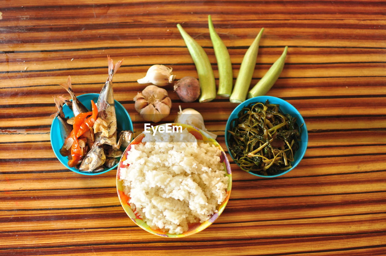 HIGH ANGLE VIEW OF FOOD IN BOWL ON TABLE