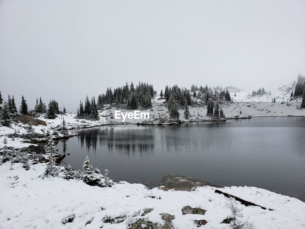 Scenic view of lake against clear sky during winter