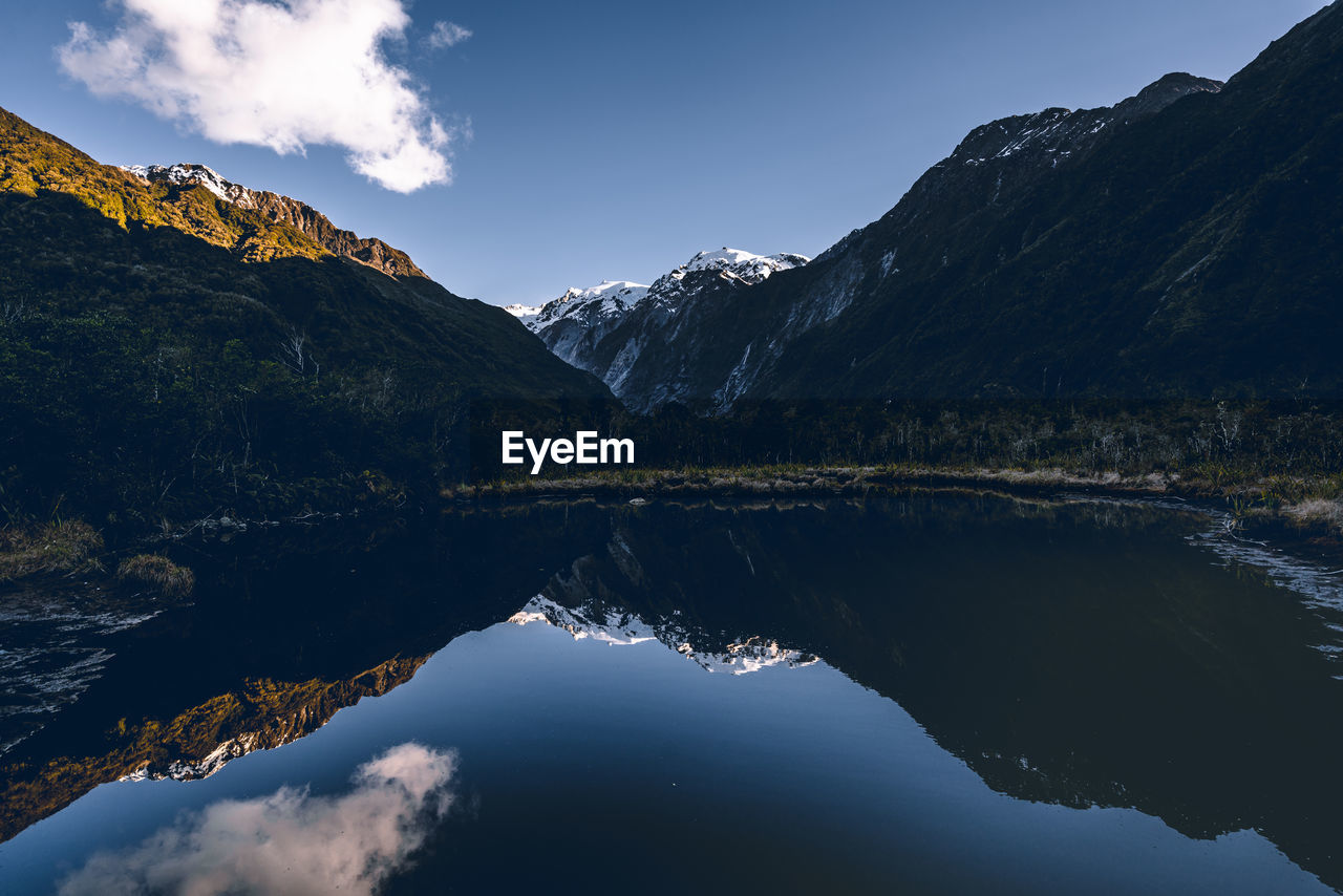 Reflection of mountains and lake against sky