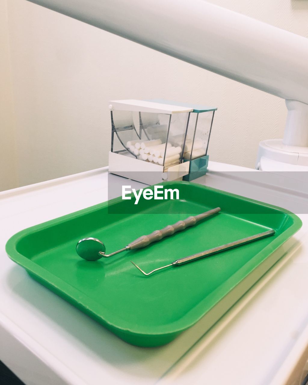 Close-up of dental equipment on table