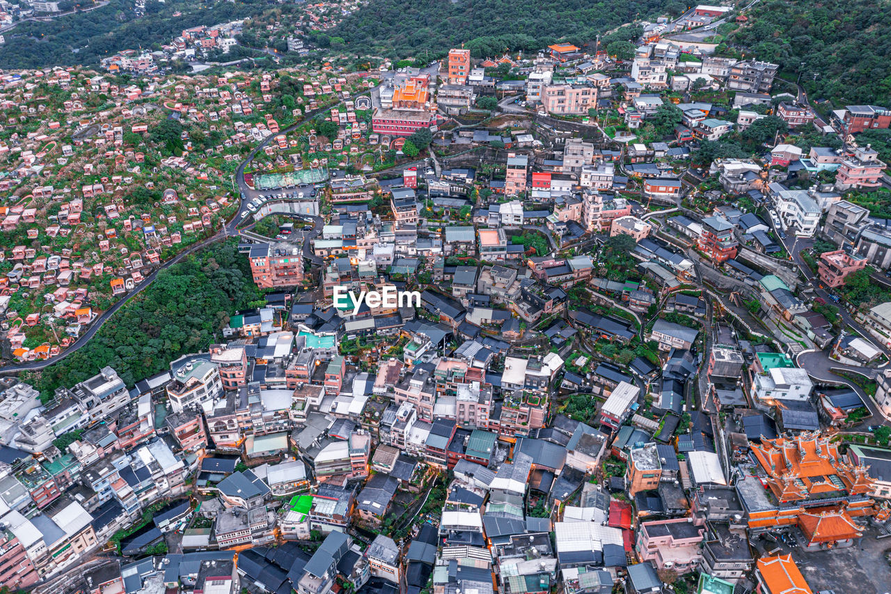 Aerial view jiufen hill side old town near taipei taiwan, famouse old market street
