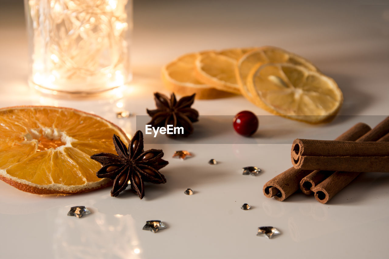 Close-up of christmas ingredients on table