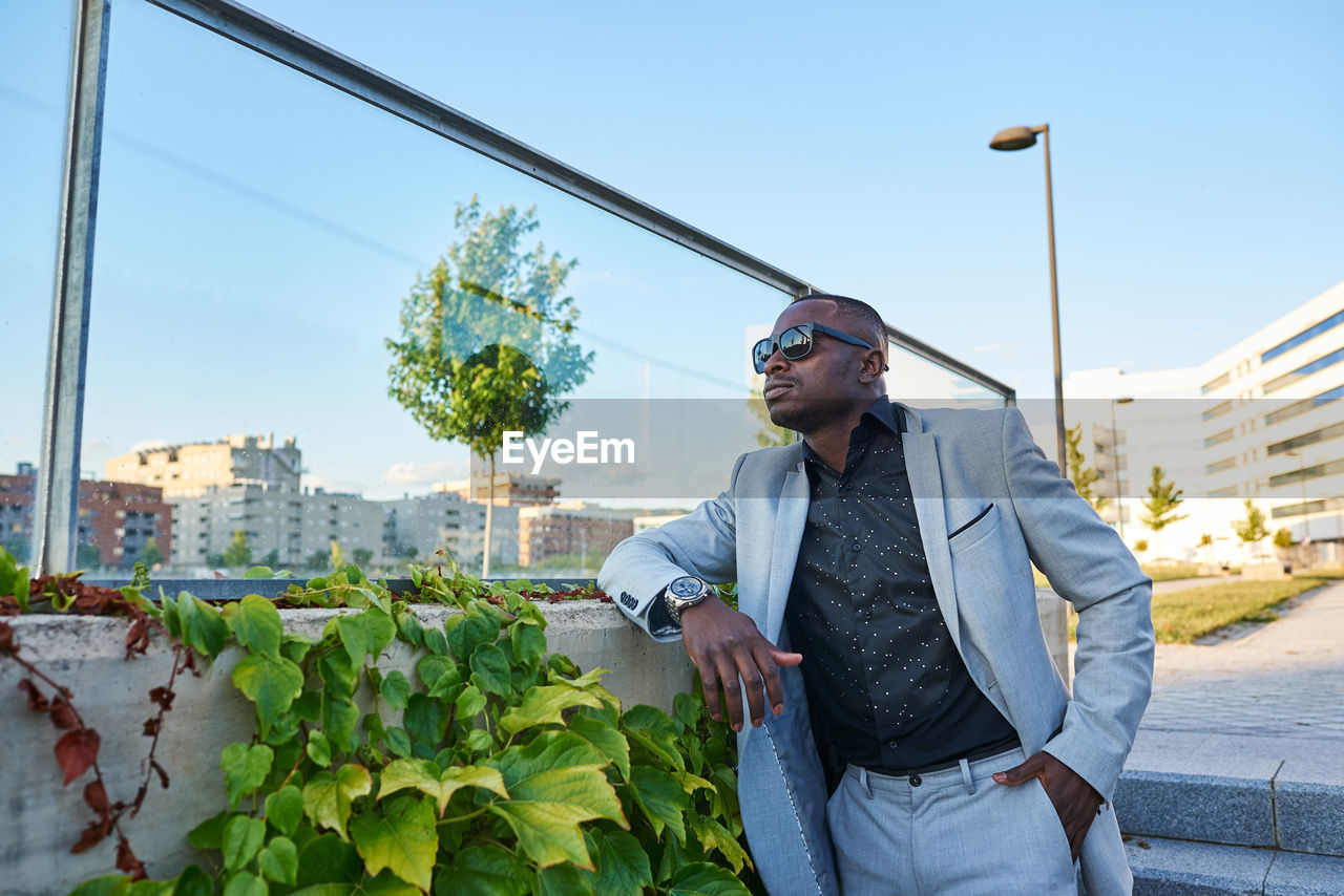 African american businessman at sunset in a park