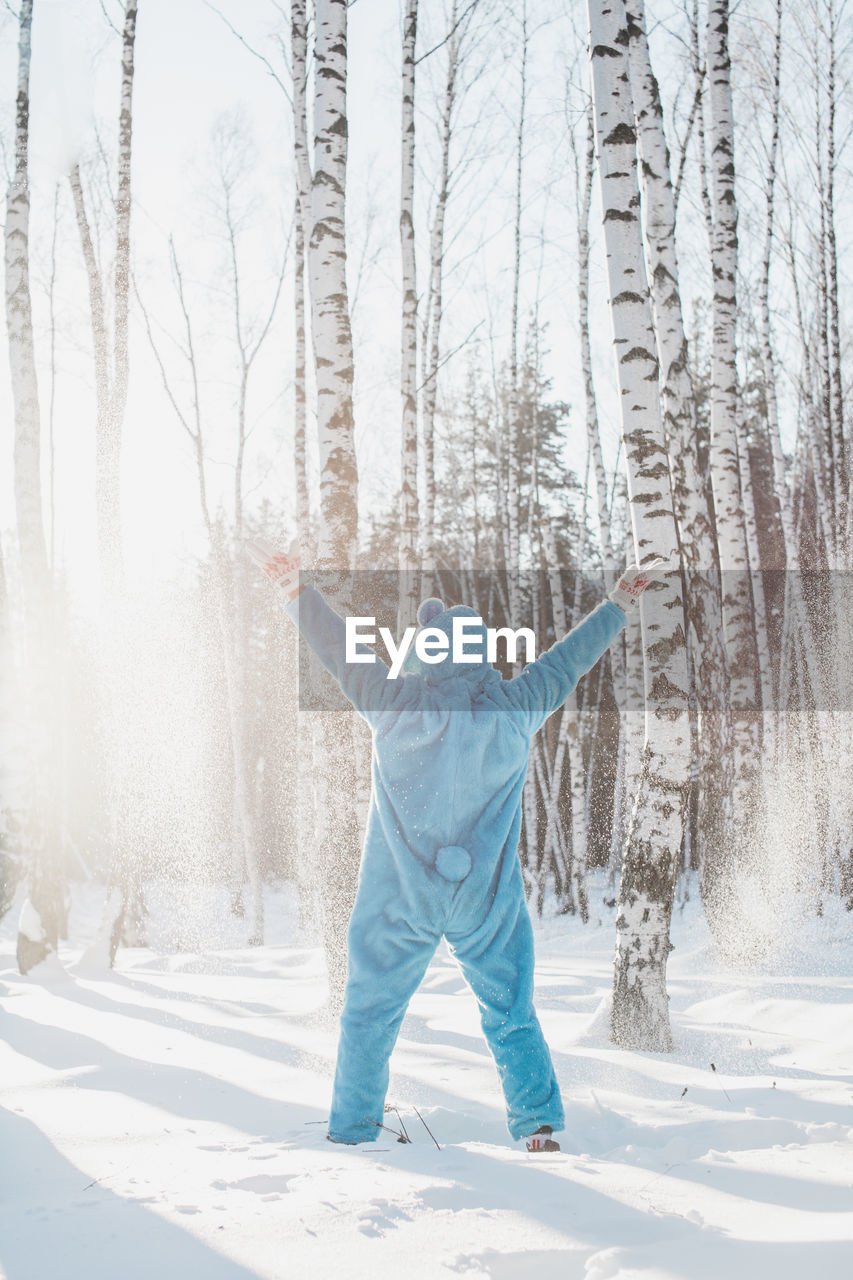 Rear view of man wearing costume standing against trees on snowy field in winter