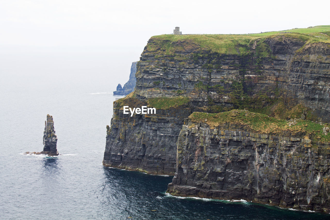 Cliffs of moher by sea against clear sky