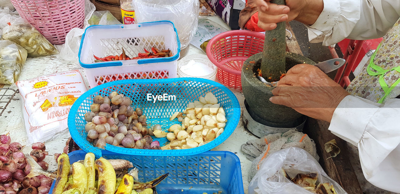 HIGH ANGLE VIEW OF PEOPLE FOR SALE AT MARKET