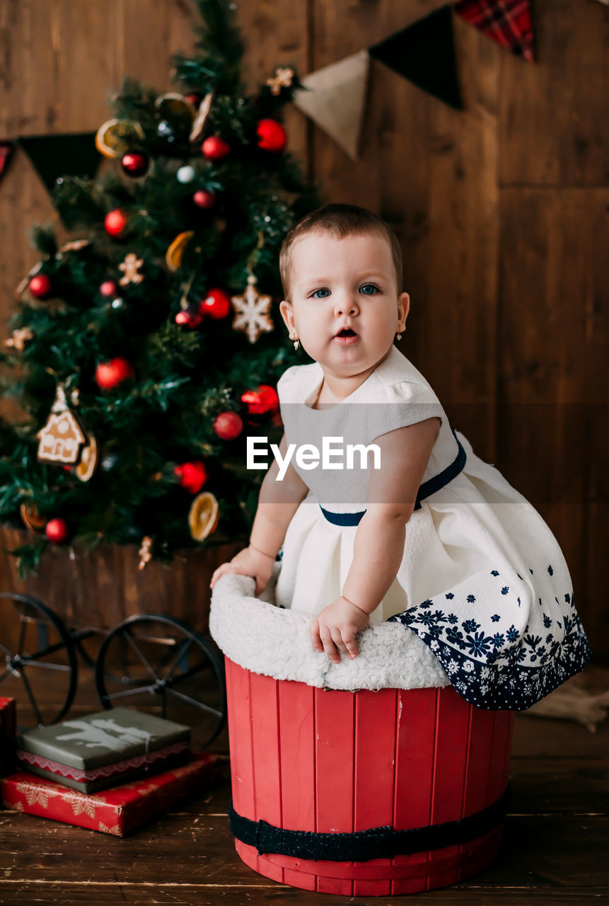 Portrait of cute baby girl in basket with christmas tree at home
