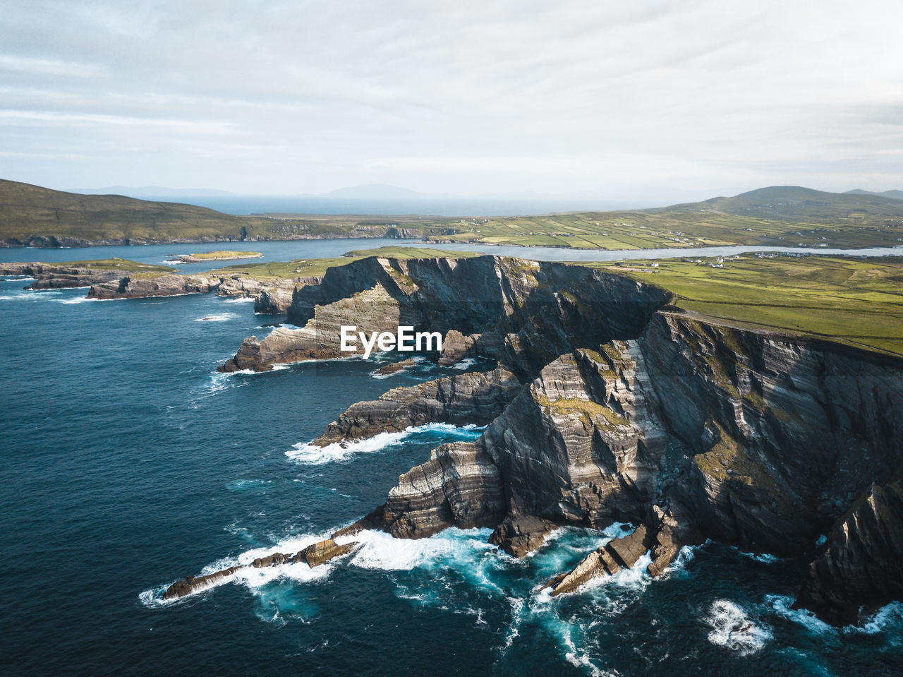 Aetial view of the kerry cliffs in southern ireland just after sunrise 