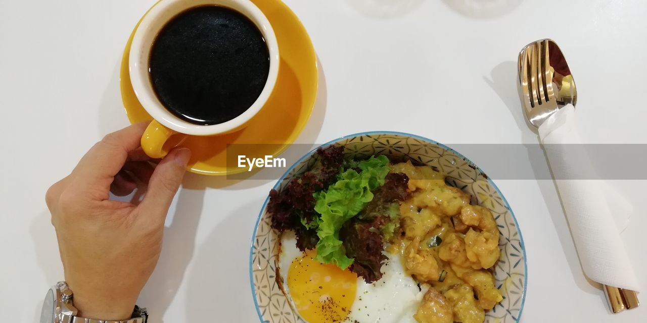 HIGH ANGLE VIEW OF BREAKFAST SERVED WITH COFFEE CUP