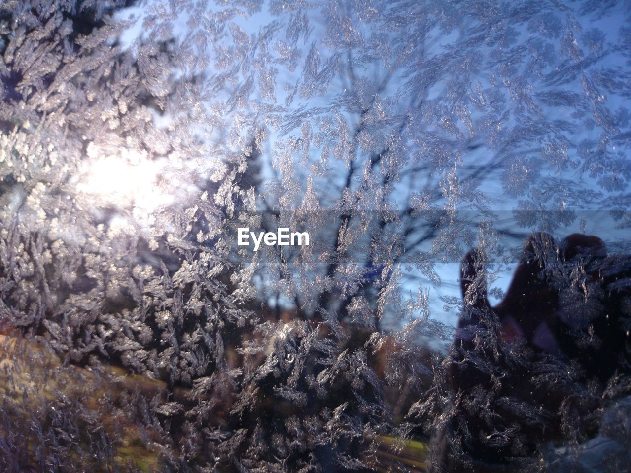 Full frame shot of frost on glass window against sky