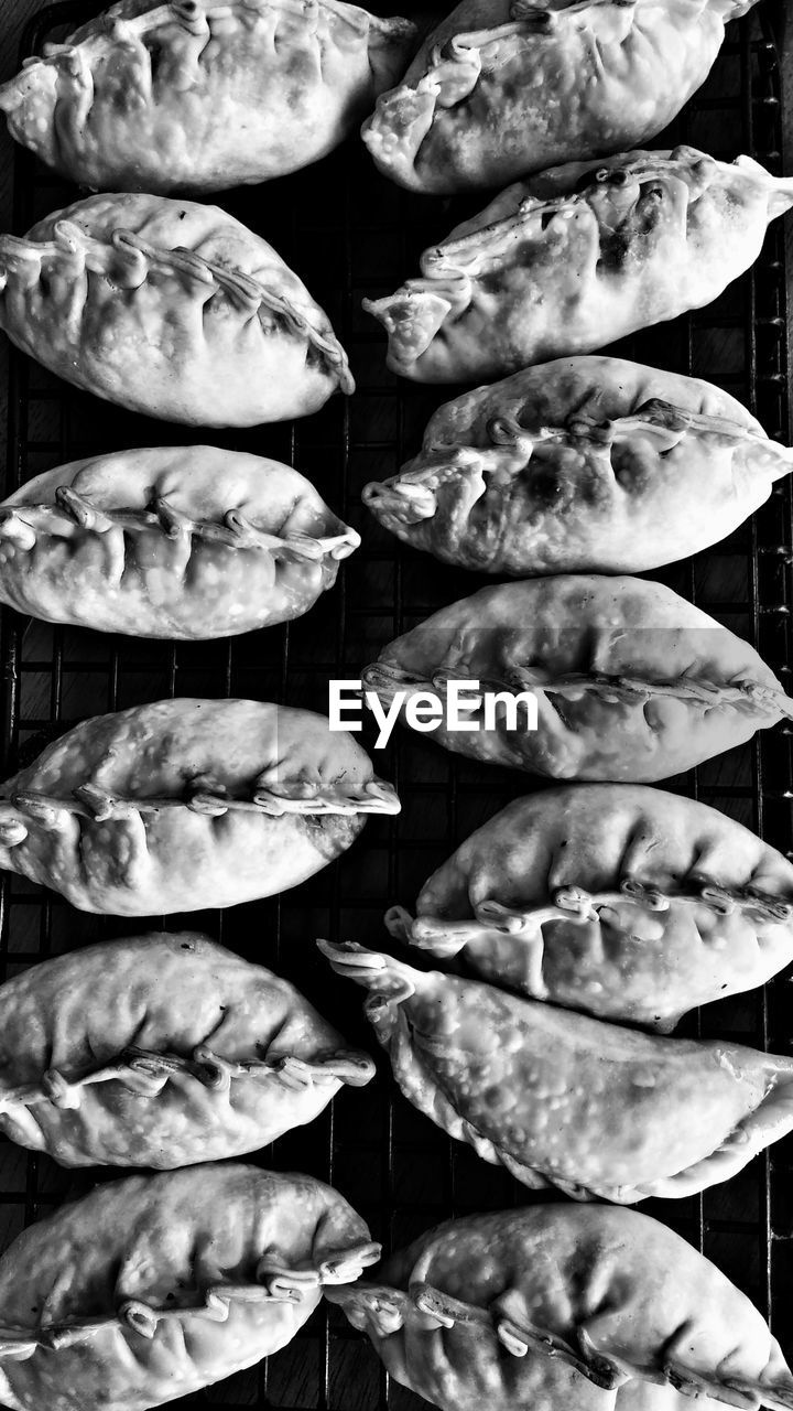 Directly above shot of dumplings on cooling rack