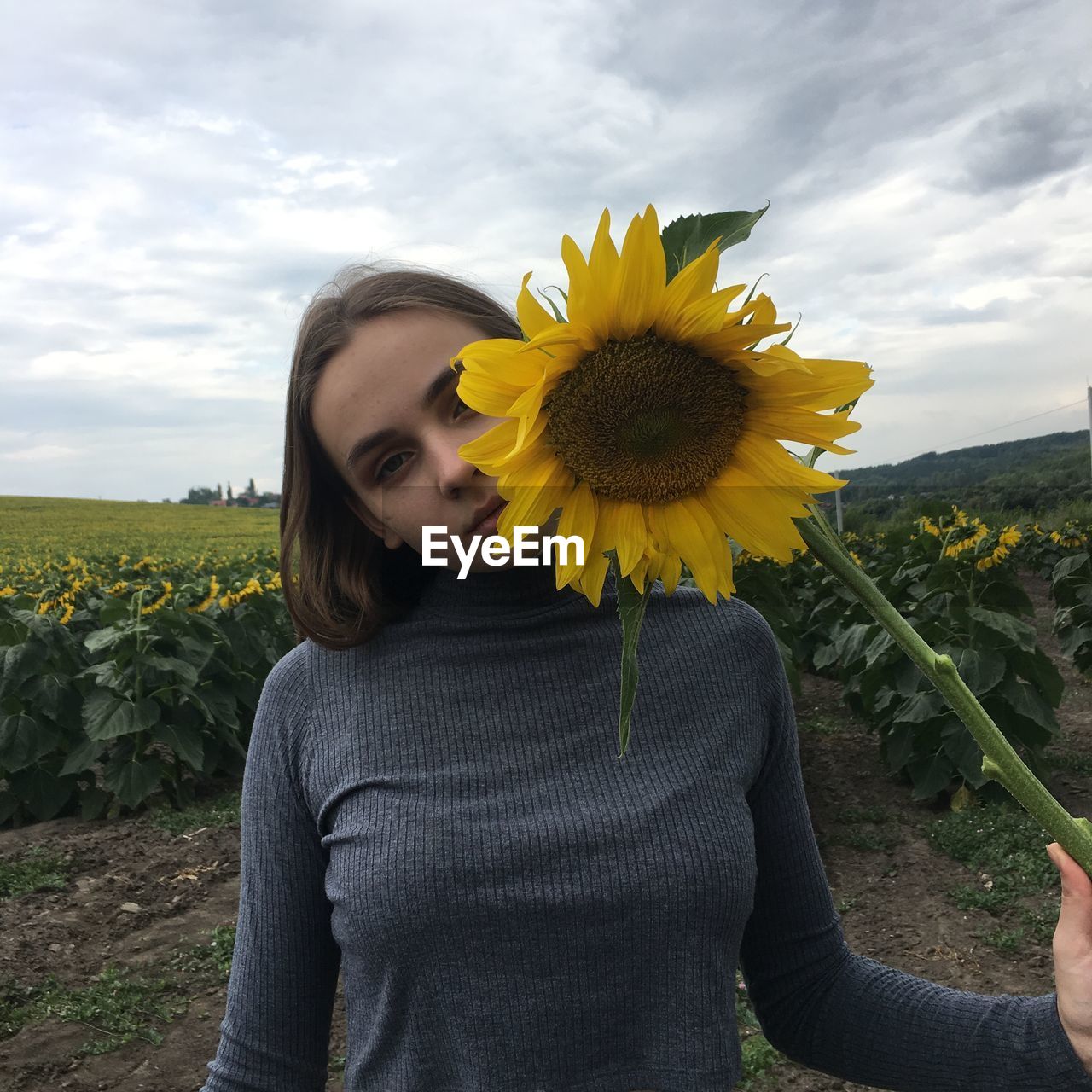 Midsection of woman holding sunflower against sky