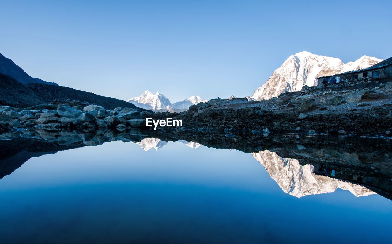 Scenic view of lake by mountains against clear blue sky