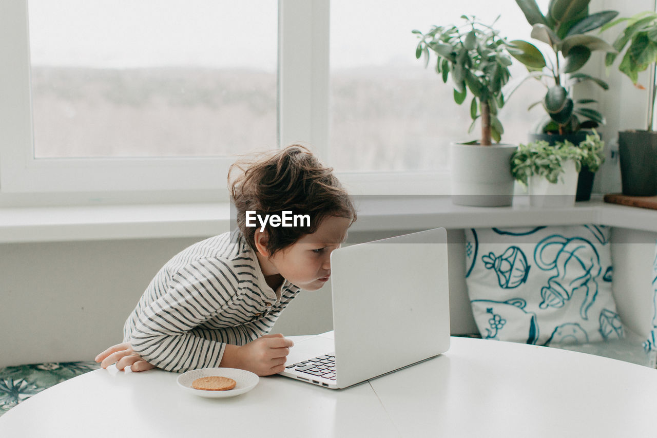 Little boy siting at the kitchen and look at the laptop. high quality photo