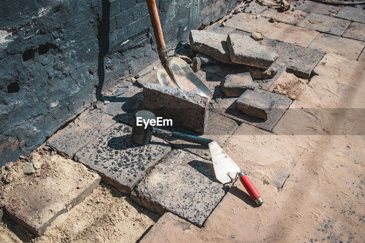 High angle view of tools at construction site