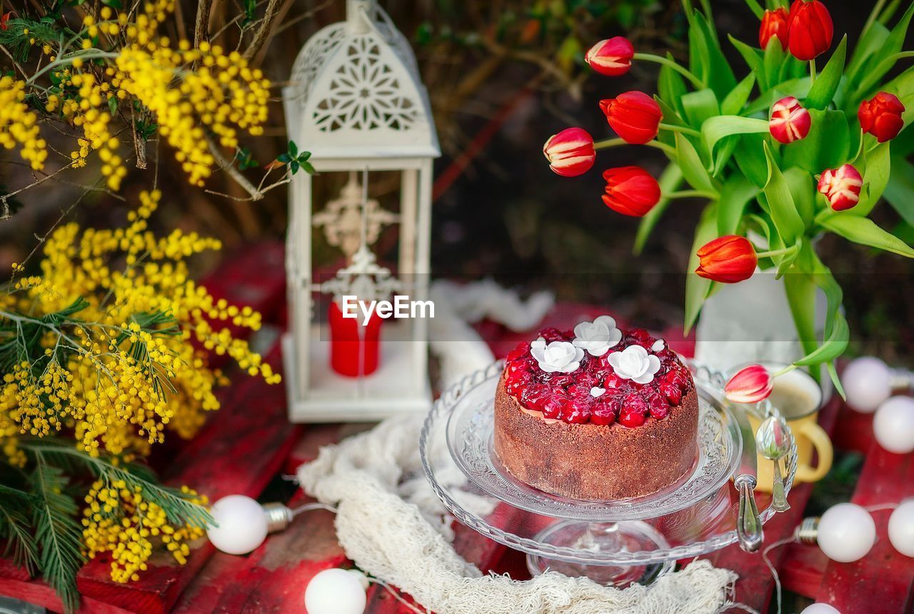 Cherry chocolate cheesecake with tulip flowers and candlelight