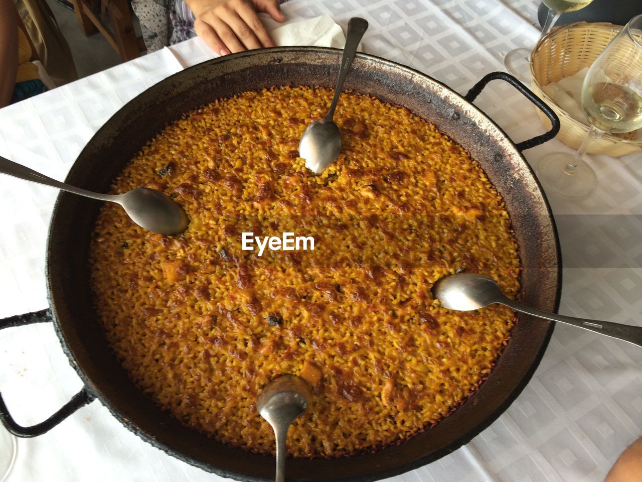 High angle view of paella serving on table