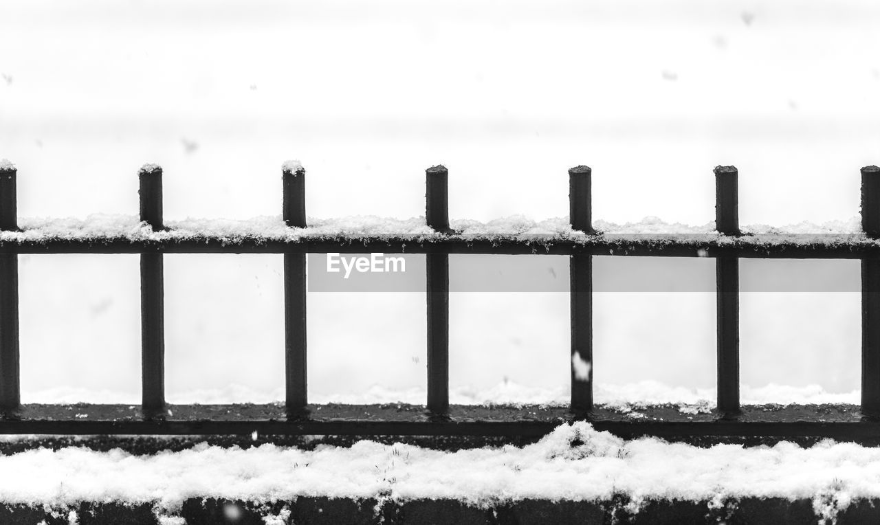 CLOSE-UP OF SNOW COVERED RAILING