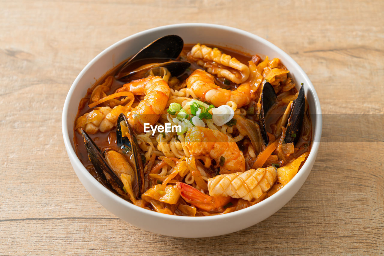 high angle view of seafood in bowl on table