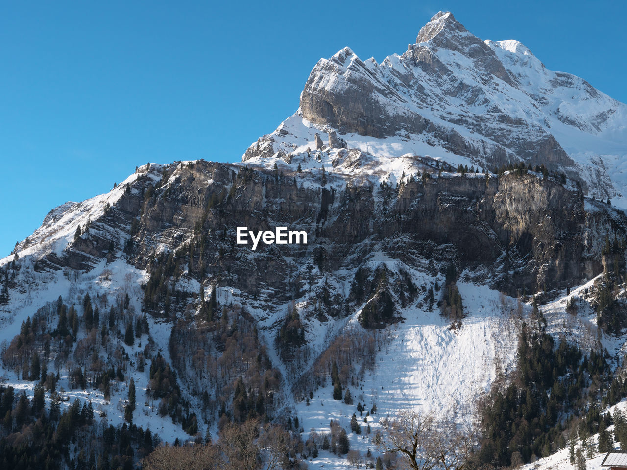 Scenic view of snowcapped mountains against clear sky