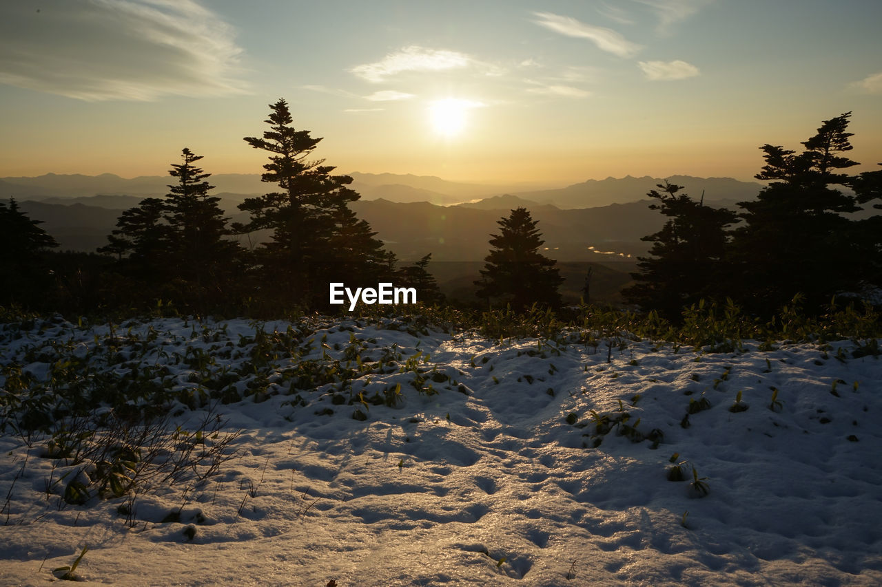 Scenic view of snow field against sky during sunset