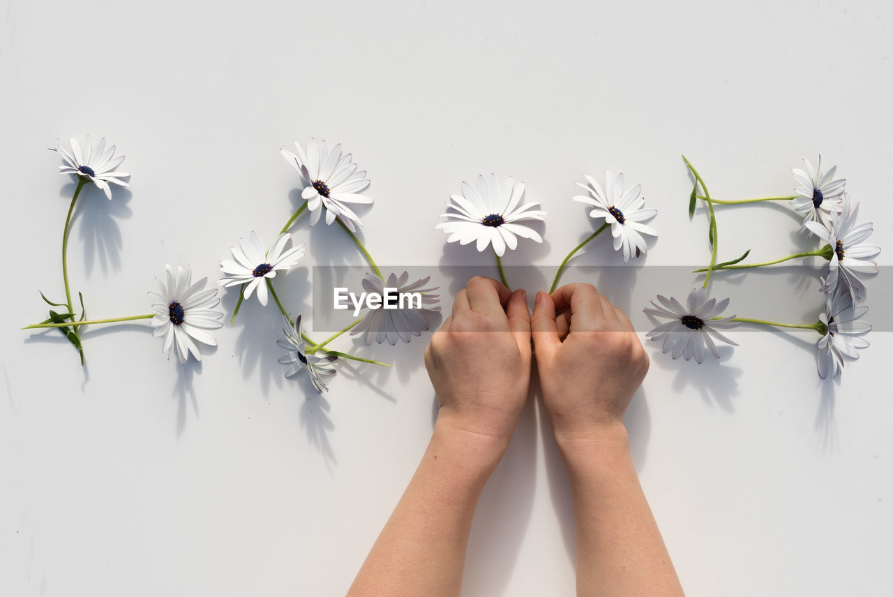 Cropped hands making love text with white flowers on table