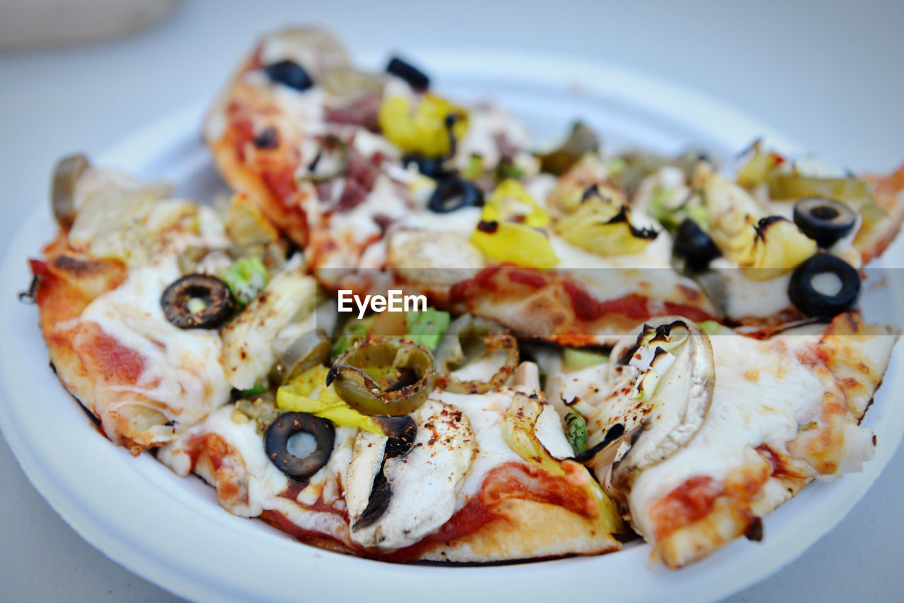 Close-up of pizza served on table