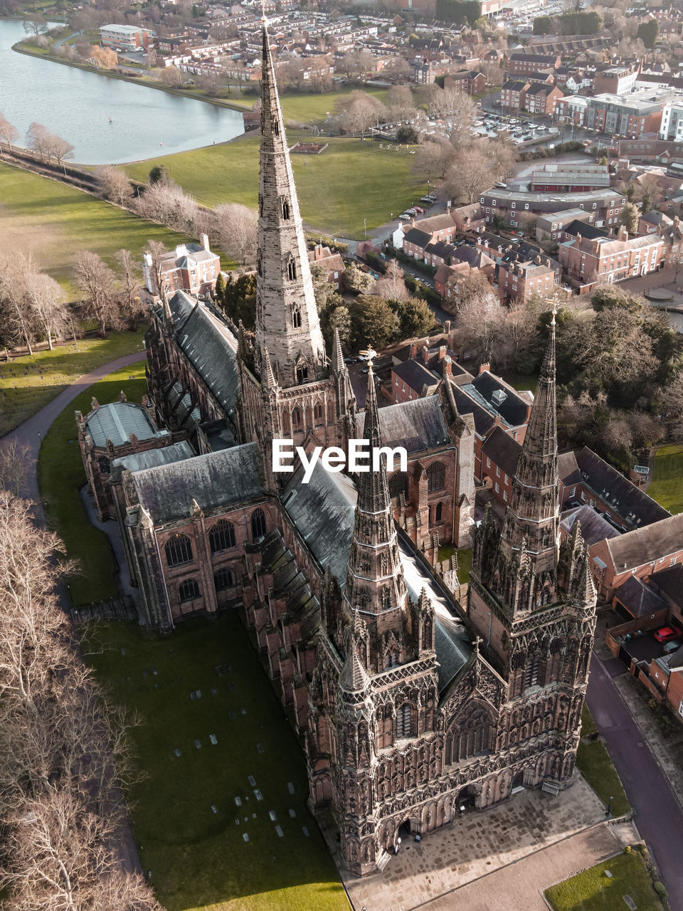 High angle view of buildings in city lichfield cathedral 