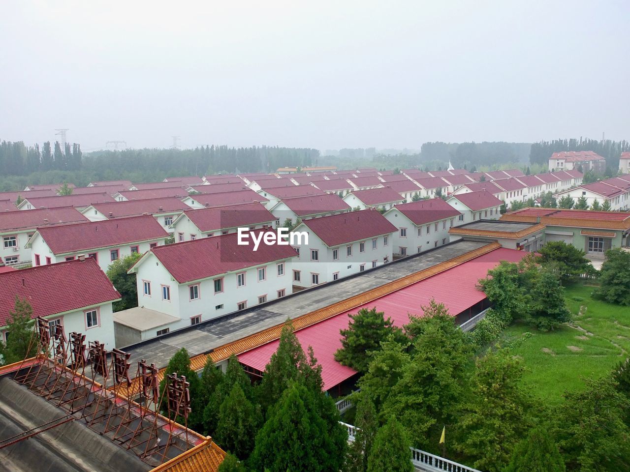 High angle view of buildings against clear sky