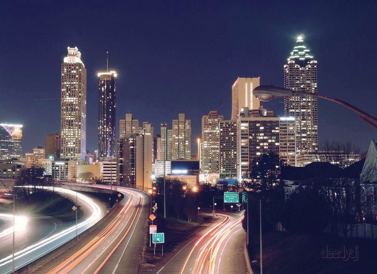 Light trails on road at night